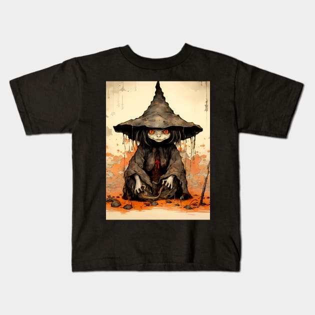 Halloween Apprentice: The Little Goblin Witch on a Dark Background Kids T-Shirt by Puff Sumo